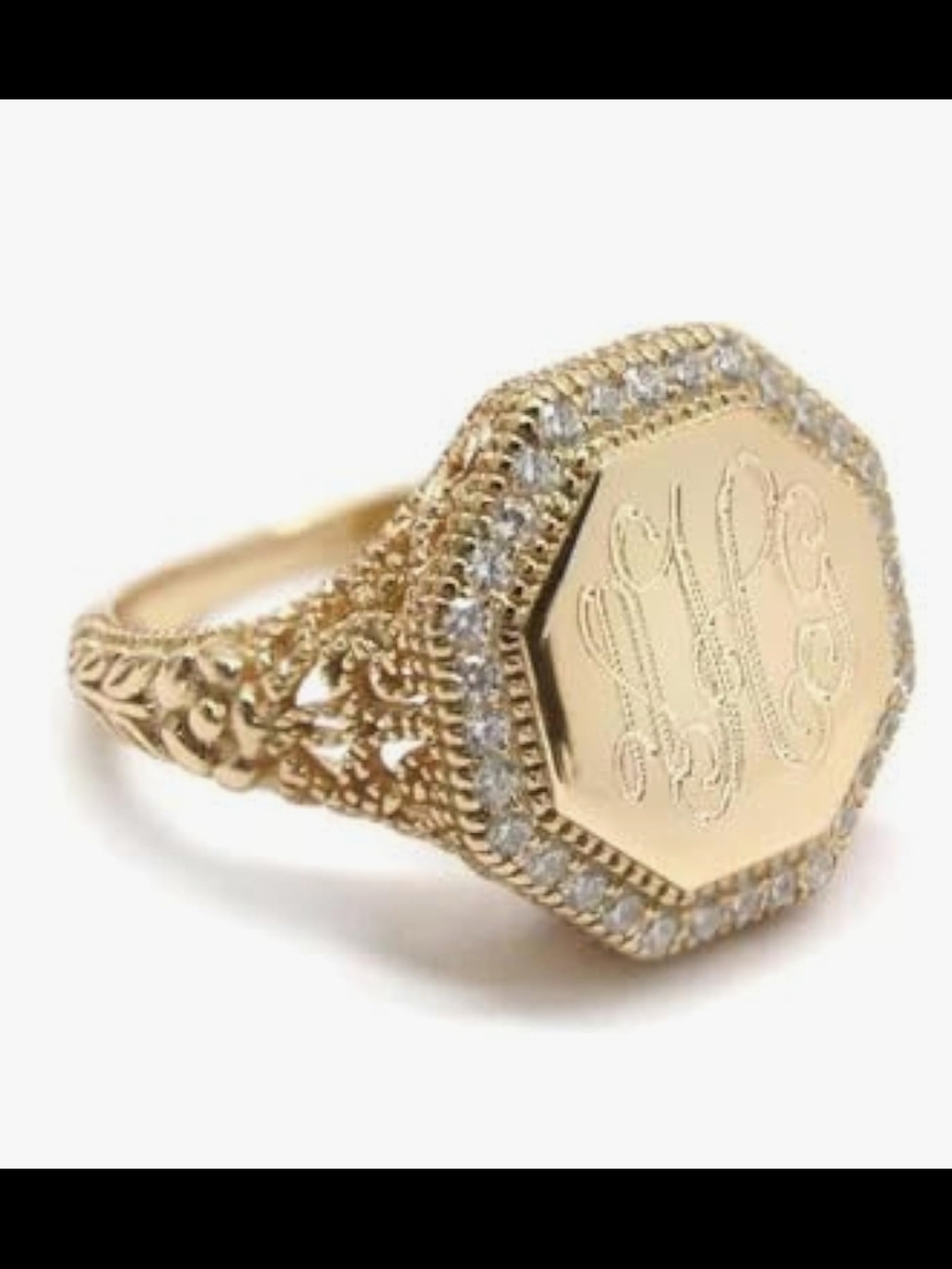 Personalized Gold Octagon Monogram Ring with Filigree and CZ Halo